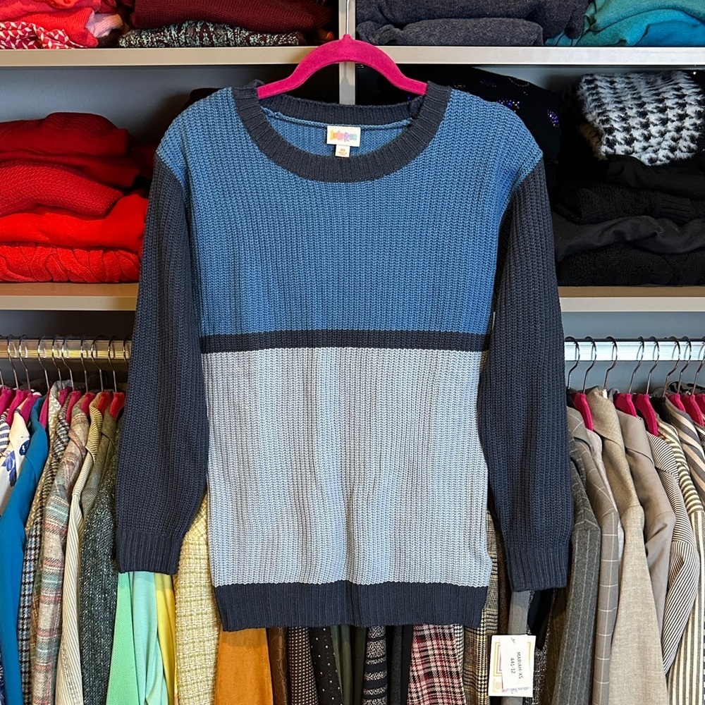LuLaRoe blue colorblock long sleeve crew neck sweater size XS NWT
